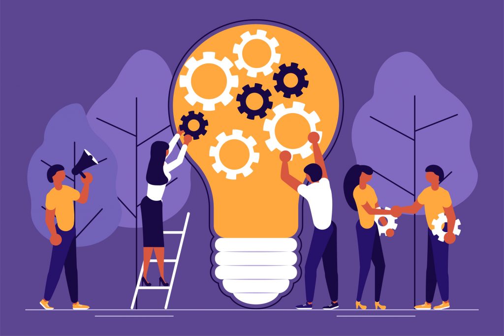 Business people, man and woman building a new idea, in flat modern style.