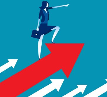 cartoon of woman standing on arrow pointing up