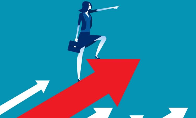 cartoon of woman standing on arrow pointing up