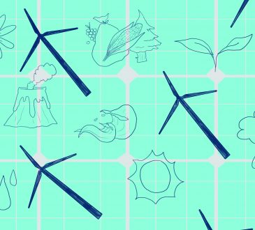 Illustration of windmills floating on teal background