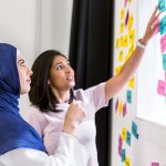 woman in hijab with woman not in hijab putting sticky notes on whiteboard