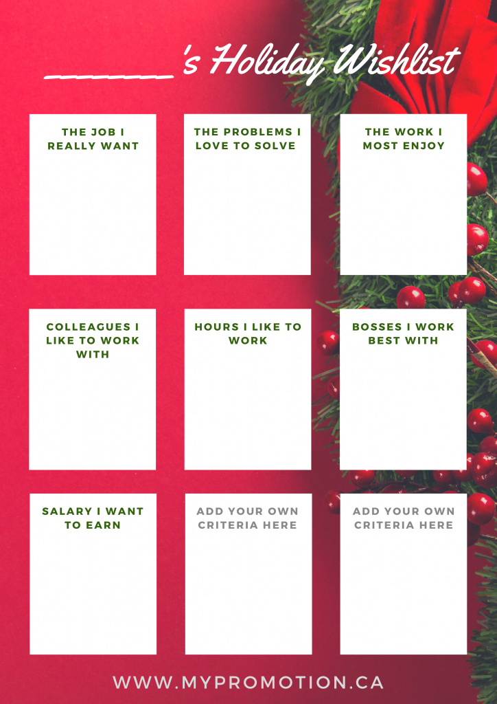 Worksheet - holiday wishlist. The job I really want, The problems I love to solve, The work I most enjoy, Colleagues I like to work with, Hours I like to work, Bosses I like to work with, Salary I want to earn