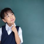 little Girl thinking with finger on chin against green blackboard
