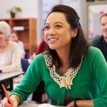 woman looking at the board in an adult education class
