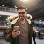 man using mobile in the train station