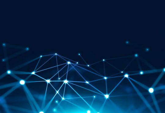 Abstract background with glowing light blue connection dots over dark blue.