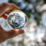 blue sky, white clouds and trees in a glass ball