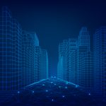 wireframe cityscape in futuristic style