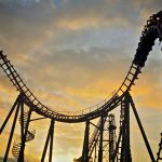 Roller coaster on sunset sky.