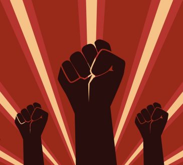 Raised Fist Hand Protest in flat icon design on red color ray background