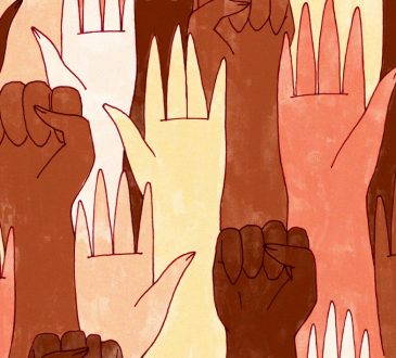 illustration of An array of hands, mostly black and POC, and some white, some holding the black power first.