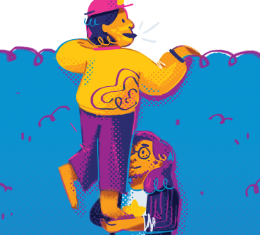illustration of person holding another person up so they can see over hedge