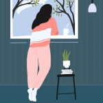 illustration of woman looking at budding trees outside windwo