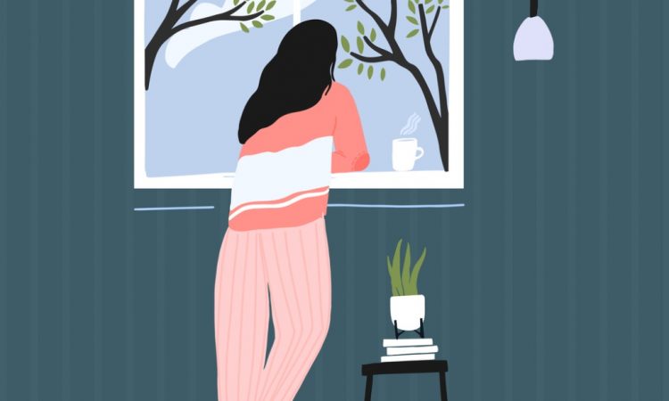illustration of woman looking at budding trees outside windwo