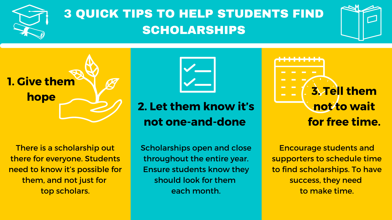 Infographic containing 3 quick tips to help students find scholarships: 1. Give them hope. 2. Let them know it's not a one-and-done. 3. 3. Tell them not to wait for free time.