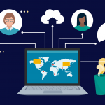 illustration of laptop with bubbles connecting with people's heads in them