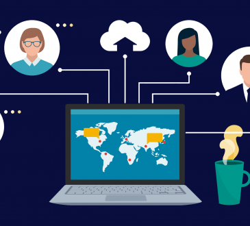 illustration of laptop with bubbles connecting with people's heads in them