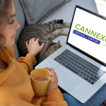 woman sitting on couch using laptop with cat beside her