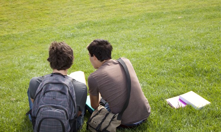two male students with homework sitting on grass