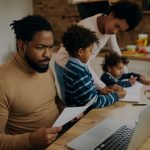 dad working while mom homeschools kids at kitchen table