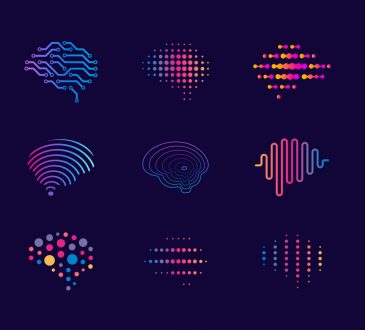 digital icon representations of brains using colourful lines and dots on dark purple background