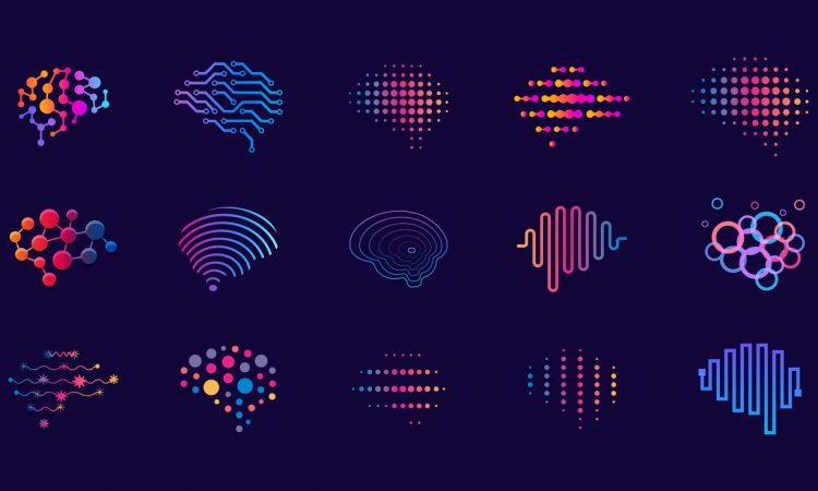 digital icon representations of brains using colourful lines and dots on dark purple background