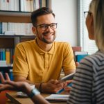 Female student talking to male university advisor in office.