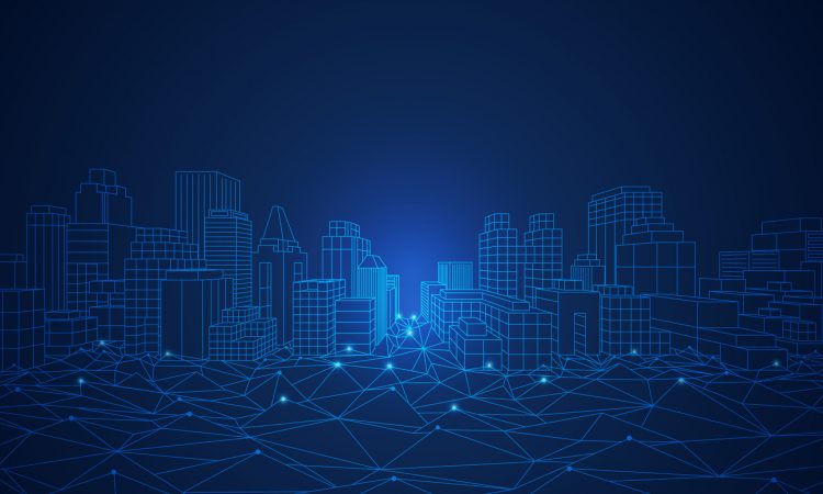 Wireframe cityscape in futuristic style.