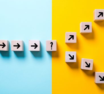 Arrows on yellow and blue background.