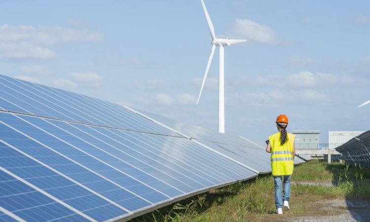 A female engineer is walking beside solar panels