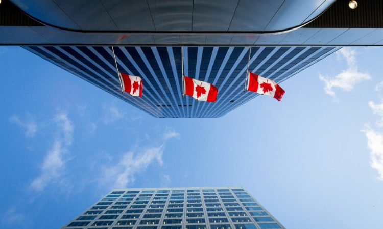 Canadian flags on skyscraper buildings seen from underneath