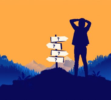 Illustration of person looking at directional signs with question marks on them.