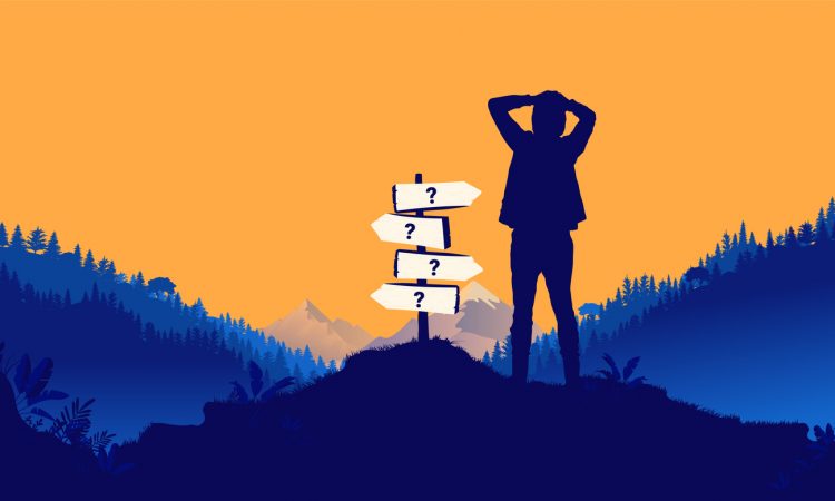 Illustration of person looking at directional signs with question marks on them.