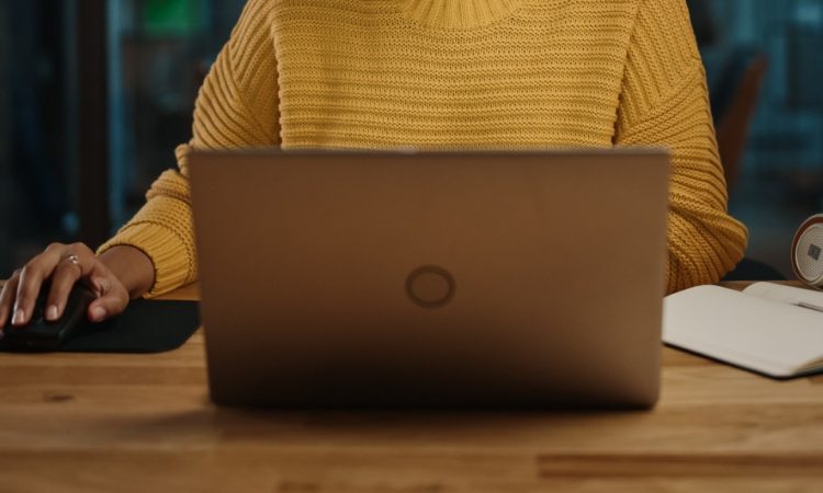 Closeup from neck down of woman using computer.
