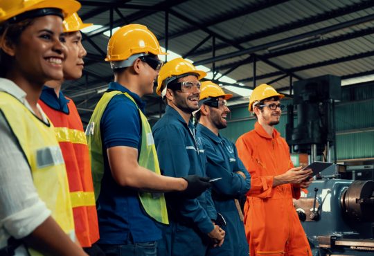 Workers wearing hard hats in industrial setting