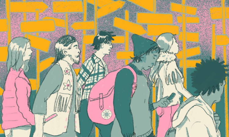 Illustration of group of pedestrians walking by wayfinding signs