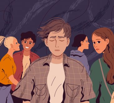 Illustration of lonely, suffering man in a crowd of people who do not notice him.