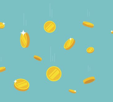 Gold coins falling on teal background