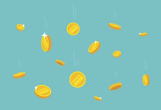 Gold coins falling on teal background