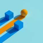 Two cubes and sphere with lines trailing behind as representation of winning business strategy