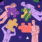 Illustration of floating people group connecting big puzzle elements.