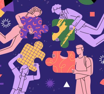 Illustration of floating people group connecting big puzzle elements.