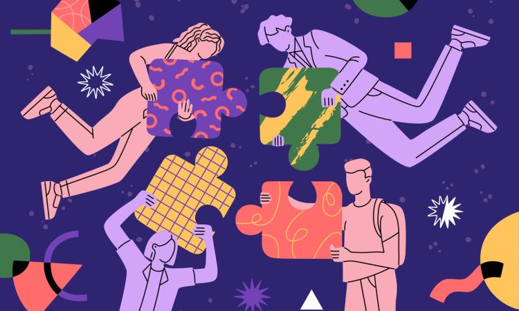 Illustration of floating people group connecting big puzzle elements.