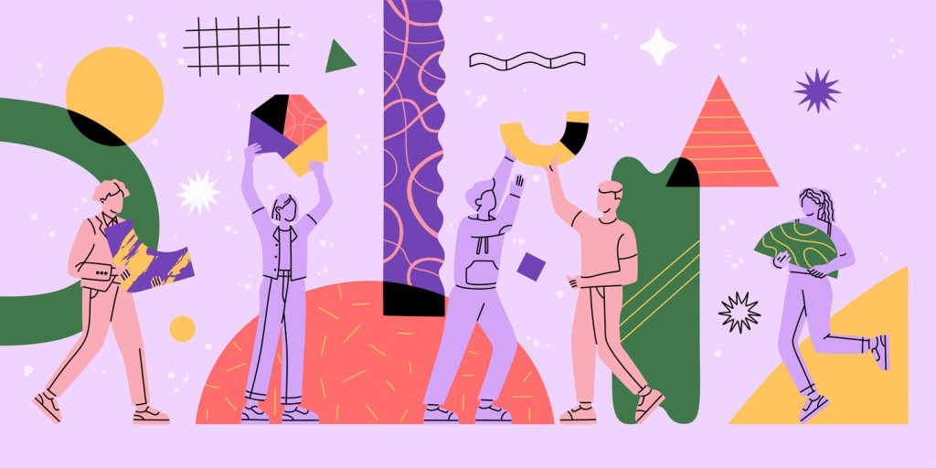 Illustration of group of people holding and amid various geometric shapes.