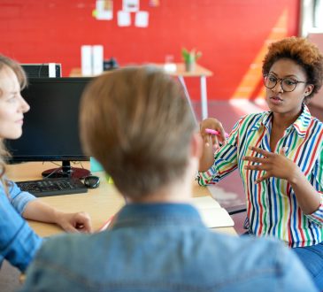 Candid picture of a business team collaborating.
