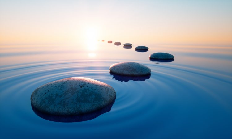 Dark stones in calm water with evening sun
