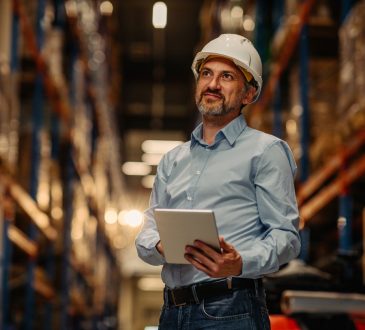 Manager with safety helmet holding digital tablet in warehouse