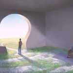 Conceptual illustration of man looking outside through doorway shaped like human head