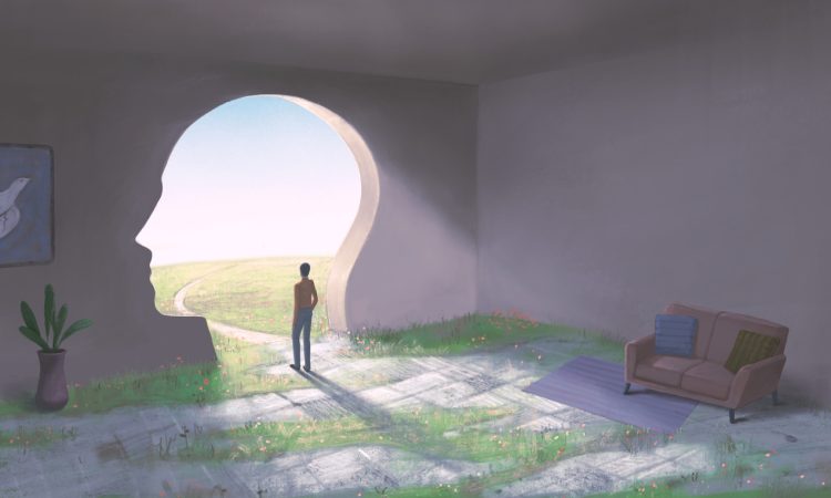 Conceptual illustration of man looking outside through doorway shaped like human head