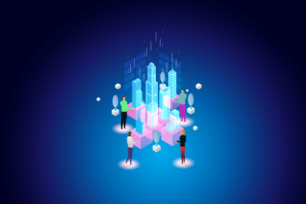 Illustration representing four people meeting in metaverse